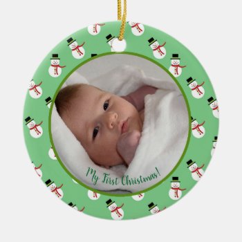 First Christmas Baby Photo With Snowman Ceramic Ornament by crusades at Zazzle