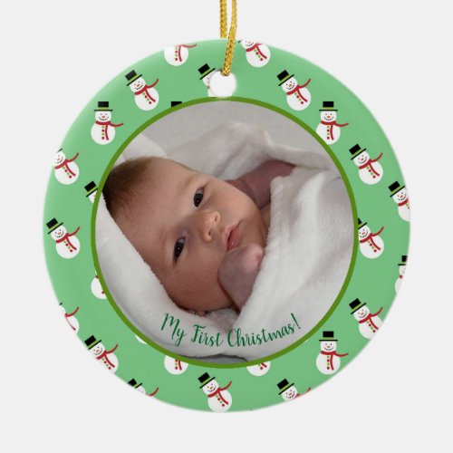 First Christmas baby photo with snowman Ceramic Ornament
