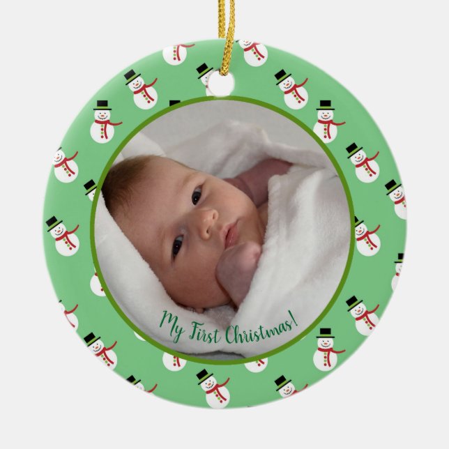 First Christmas baby photo with snowman Ceramic Ornament (Front)