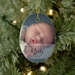 First Christmas Baby Photos Elegant Script Ceramic Ornament