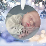 First Christmas Baby Photos Script Name Ornament<br><div class="desc">Personalise with your favorite baby photos name and date to create a unique memory and gift for a first Christmas. A lovely keepsake to celebrate your new arrival! Designed by Thisisnotme©</div>