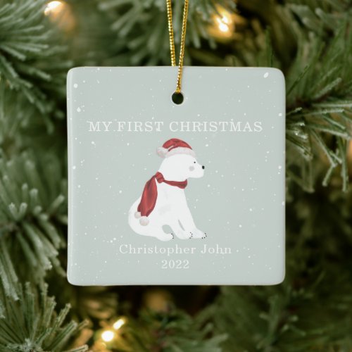 First Christmas Baby Polar Bear Blue Snow Ceramic Ornament