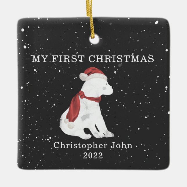 First Christmas Baby Polar Bear Dark Gray Snow Ceramic Ornament (Front)