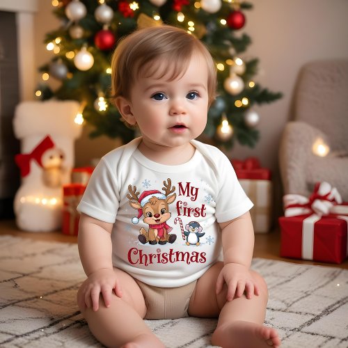 First Christmas Baby Reindeer  Penguin Cute Baby T_Shirt