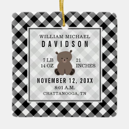 First Christmas Baby Stats Details Plaid Bear Ceramic Ornament