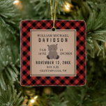 First Christmas Baby Stats Details Red Plaid Bear Ceramic Ornament<br><div class="desc">Black and red buffalo plaid background with illustration of a baby bear on front.  Custom text for name,  birthdate,  weight,  length,  birth time,  and city,  state.</div>