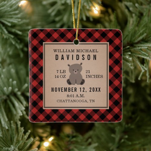 First Christmas Baby Stats Details Red Plaid Bear Ceramic Ornament