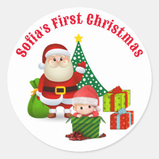 First Christmas Baby's Personalize Name Elf Classic Round Sticker