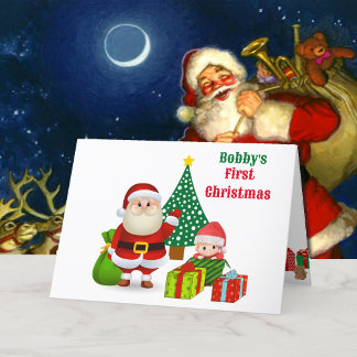 First Christmas Baby's Personalize Name Santa Cute Holiday Card