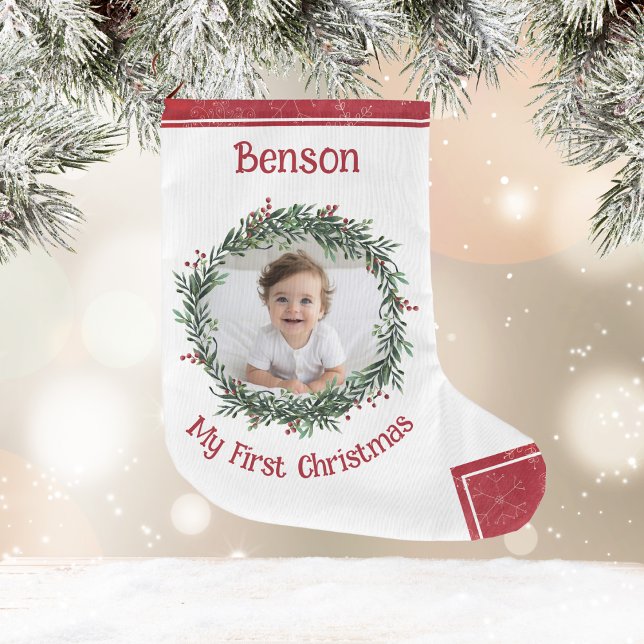 First Christmas Baby's Photo with Name Large Christmas Stocking (Baby's First Christmas, Photo, Name, Red, White Large Christmas Stocking)