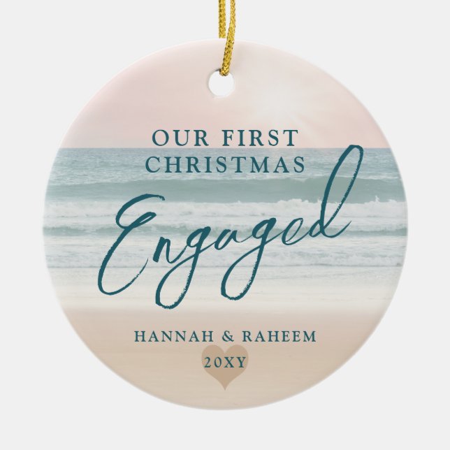 First Christmas Beach Engagement Ocean Pastel Ceramic Ornament (Front)