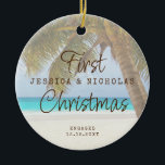 First Christmas Beach Engagement Palm Tree Ceramic Ceramic Ornament<br><div class="desc">Keepsake Engagement Ornament with a tropical palm tree next to a turquoise teal blue ocean coastline sand shoreline is perfect for the couple who got engaged on a beach or are planning a destination wedding.</div>