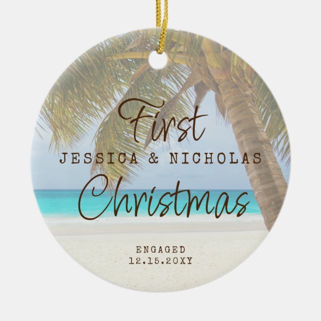 First Christmas Beach Engagement Palm Tree Ceramic Ornament (Front)