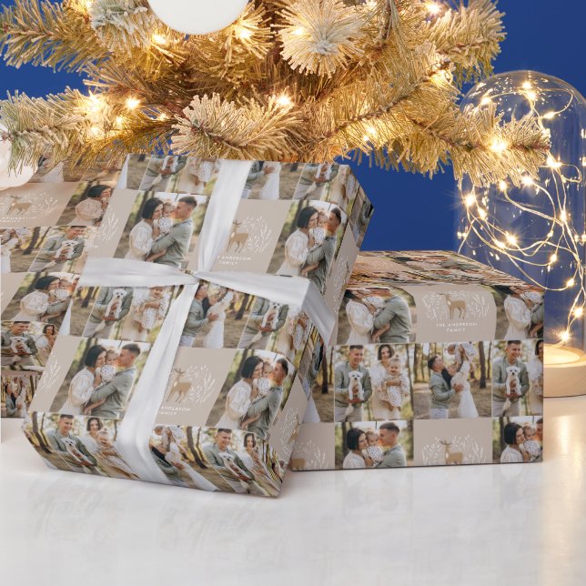First Christmas beige reindeer elegant multi photo Wrapping Paper (Holidays)