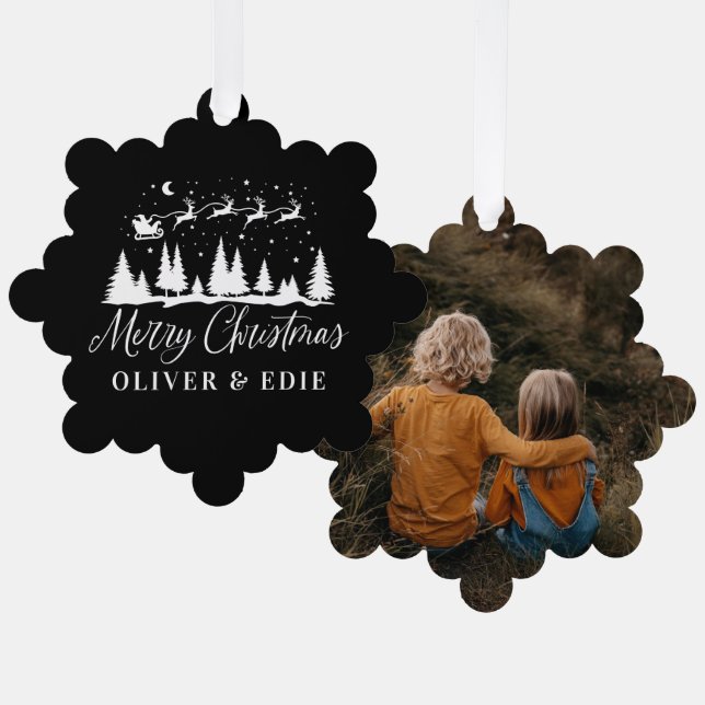 First Christmas black reindeers elegant 1 photo Ornament Card (Front/Back)
