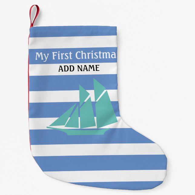 First Christmas Blue Baby Boy Nautical Monogram Small Christmas Stocking (Front)