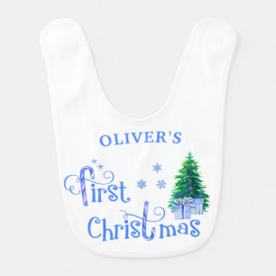 First Christmas - Blue Gifts under Christmas Tree Baby Bib