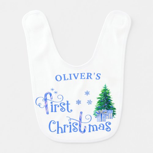 First Christmas _ Blue Gifts under Christmas Tree Baby Bib