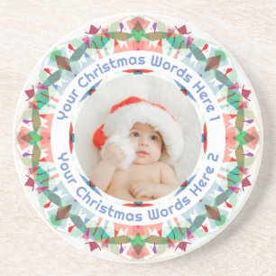 First Christmas Blue Pink Green Family Photo Gift Coaster