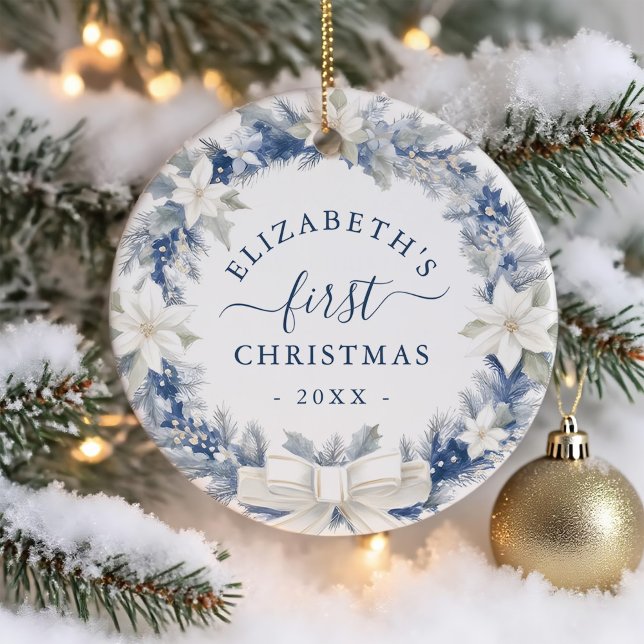 First Christmas Blue Rustic Wreath Ceramic Ornament (Creator Uploaded)