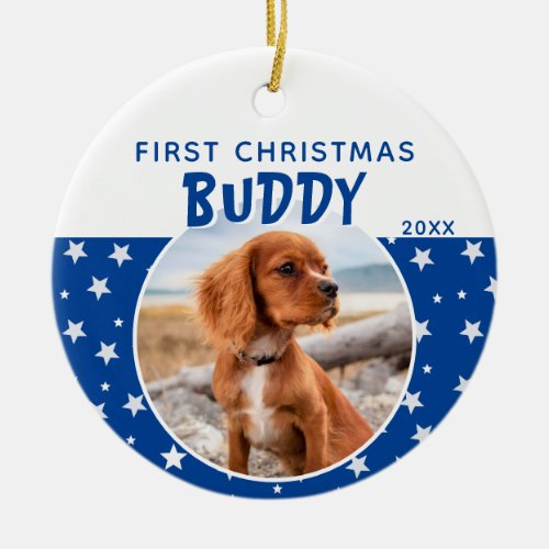 First Christmas Blue Star Pattern Puppy Dog Photo Ceramic Ornament