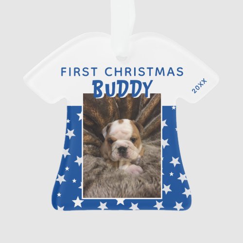 First Christmas Blue Star Pattern Puppy Dog Photo Ornament