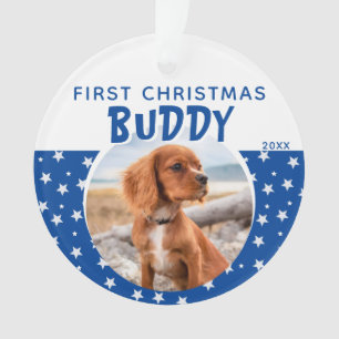 First Christmas Blue Star Pattern Puppy Dog Photo Ornament