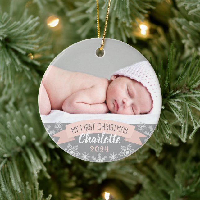 First Christmas Blush Pink Baby Girl Photo Ceramic Ornament (Tree)