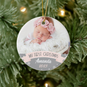 First Christmas Blush Pink Baby Girl Photo Ceramic Ornament