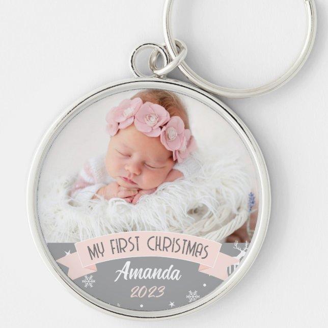 First Christmas Blush Pink Baby Girl Photo  Keychain (Front)