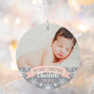 First Christmas Blush Pink Baby Girl Photo Ornament