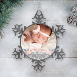 First Christmas Blush Pink Baby Girl Photo Snowflake Pewter Christmas Ornament<br><div class="desc">"My First Christmas" banner and snowflake border photo ornament design can be personalized with the baby girl's name and birth year. Includes a second photo on the back. Light blush pink,  gray and white colors.</div>