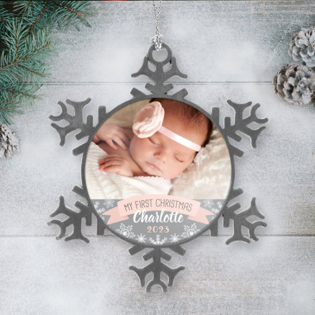 First Christmas Blush Pink Baby Girl Photo Snowflake Pewter Christmas 