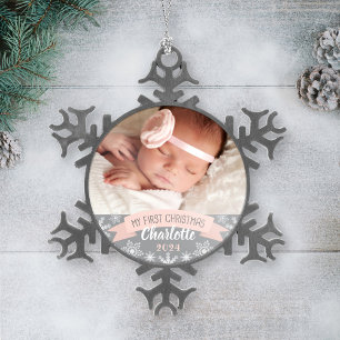 First Christmas Blush Pink Baby Girl Photo Snowflake Pewter Christmas Ornament