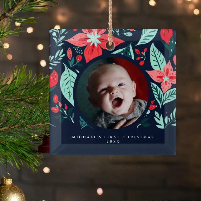First Christmas Botanical Red Floral Blue Photo Glass Ornament (Creator Uploaded)