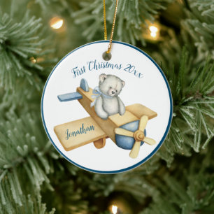 First Christmas Boy Blue Watercolor Bear Name Date Ceramic Ornament