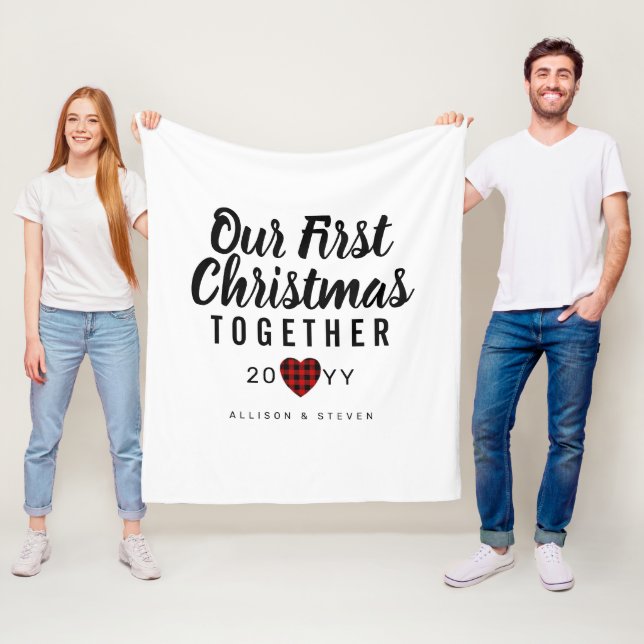 First Christmas Buffalo Plaid Couples Personalized Fleece Blanket (In Situ)