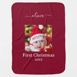 First Christmas Burgundy Green Custom Name Photo Baby Blanket
