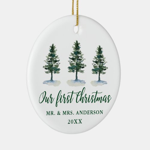 First Christmas Calligraphy Pines PHOTO BACK Ceramic Ornament