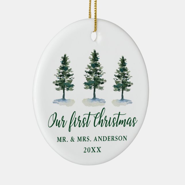 First Christmas Calligraphy Pines PHOTO BACK Ceramic Ornament (Right)