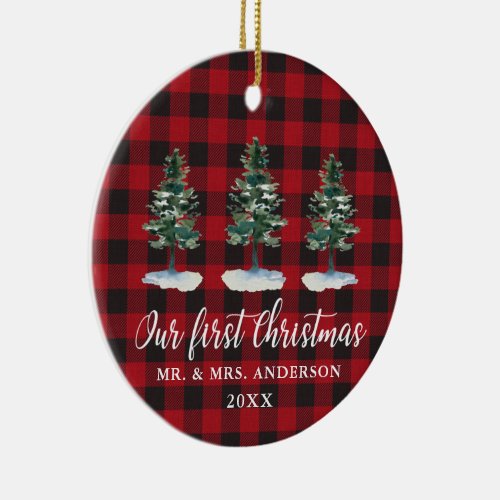 First Christmas Calligraphy Pines Plaid PHOTO BACK Ceramic Ornament