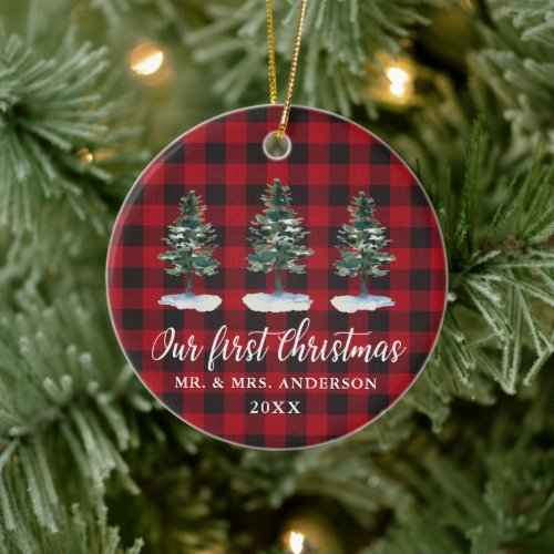 First Christmas Calligraphy Watercolor Pines Plaid Ceramic Ornament