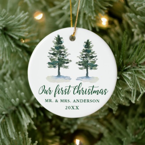 First Christmas Calligraphy Watercolor Two Pines Ceramic Ornament
