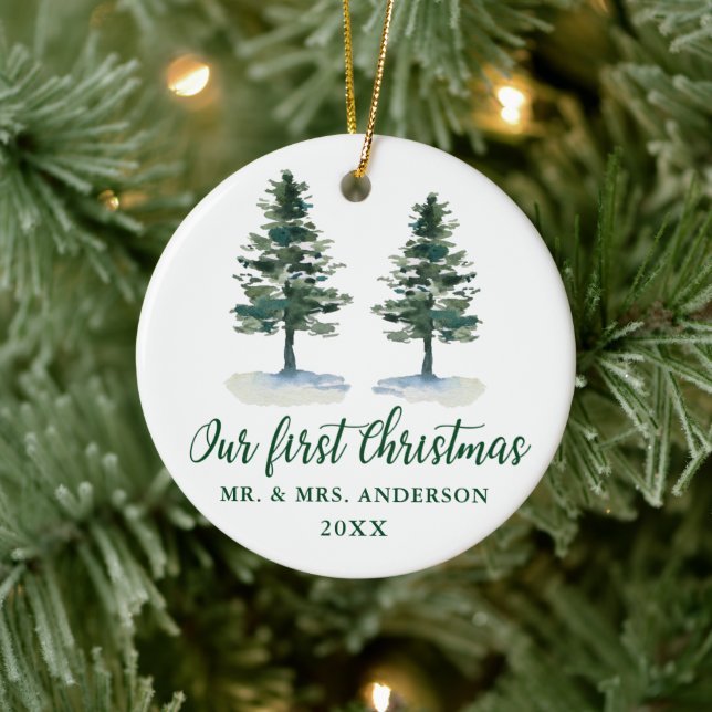 First Christmas Calligraphy Watercolor Two Pines Ceramic Ornament (Tree)