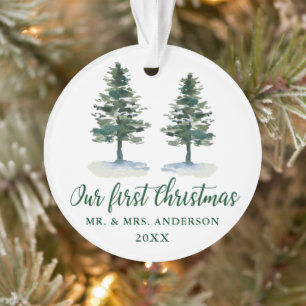 First Christmas Calligraphy Watercolor Two Pines Ornament