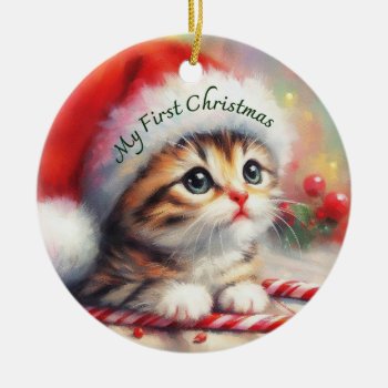 First Christmas Candy Cane Tabby Kitten  Ceramic Ornament by YellowSnail at Zazzle