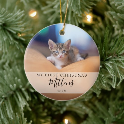 First Christmas Cat Dog Pet Photo Elegant Script  Ceramic Ornament