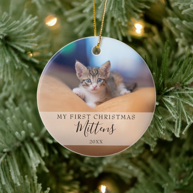First Christmas Cat Dog Pet Photo Elegant Script  Ceramic Ornament (Tree)