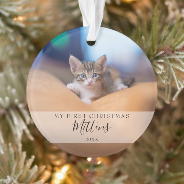 First Christmas Cat Dog Pet Photo Modern Script Ornament (Tree)