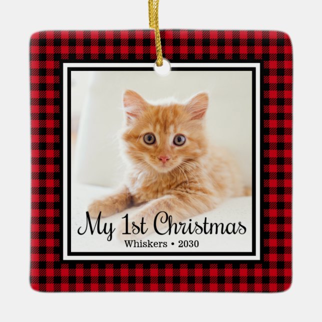 First Christmas Cat Photo Ceramic Ornament (Front)